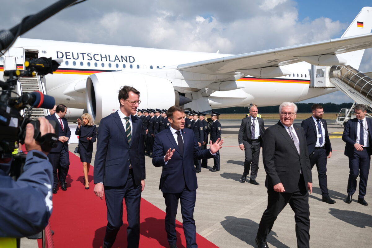 Wüst, Macron und Steinmeier am FMO. / Foto: FMO