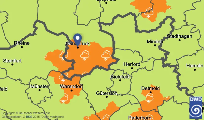 Gewitter Warnung am 1. Juni 2024