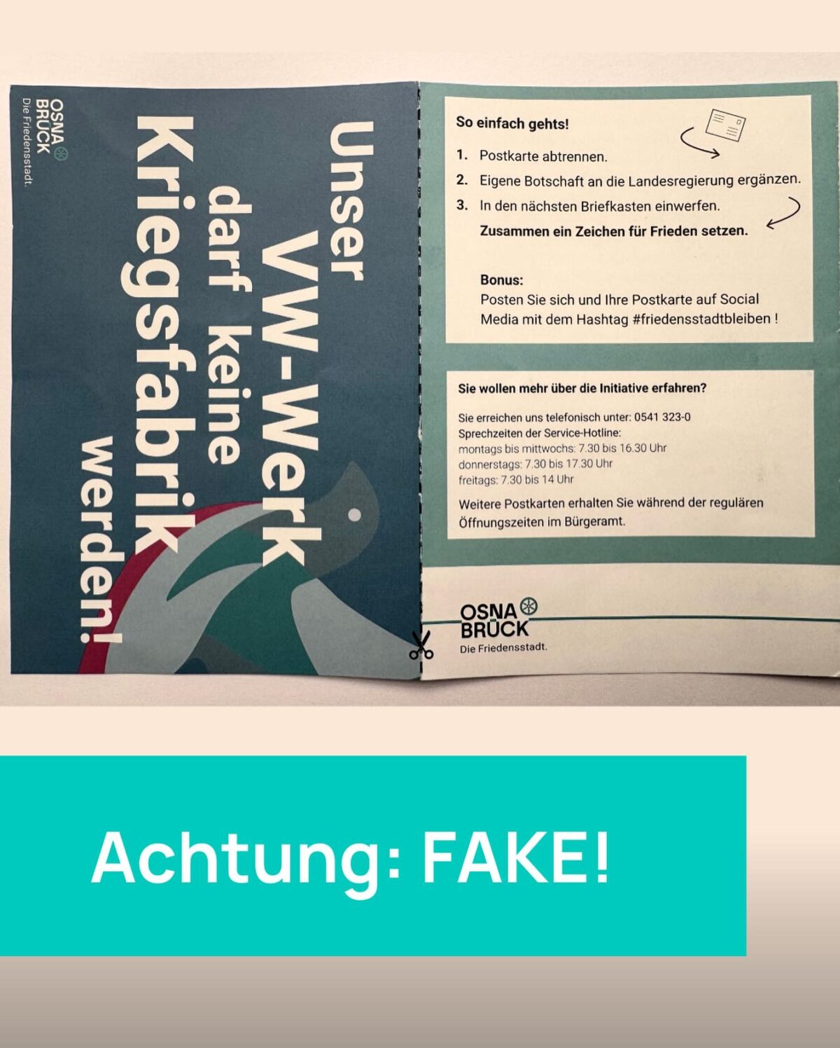 Anonymer Aufruhr gegen Osnabrücker VW-Werk: Stadt spricht von gefälschten Flugblättern Um diesen Fake-Flyer geht es. / Foto: Stadt Osnabrück