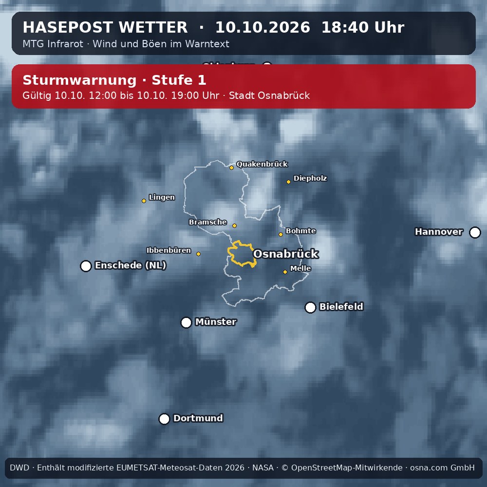 Wetterentwicklung für Osnabrück: 10.10.2026 16:40 bis 10.10.2026 18:40 Uhr