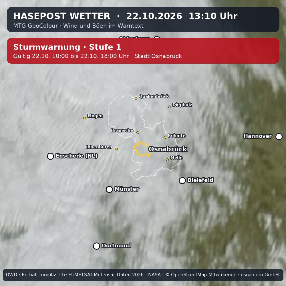 Wetterentwicklung für Osnabrück: 22.10.2026 11:10 bis 22.10.2026 13:10 Uhr