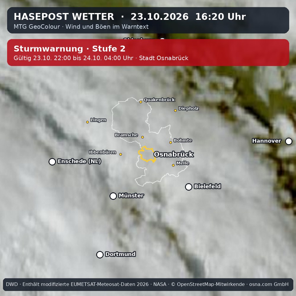 Wetterentwicklung für Osnabrück: 23.10.2026 14:20 bis 23.10.2026 16:20 Uhr