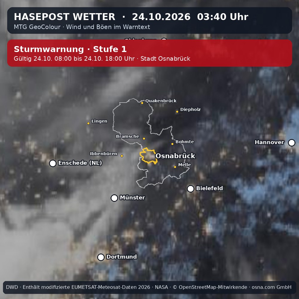 Wetterentwicklung für Osnabrück: 24.10.2026 01:40 bis 24.10.2026 03:40 Uhr