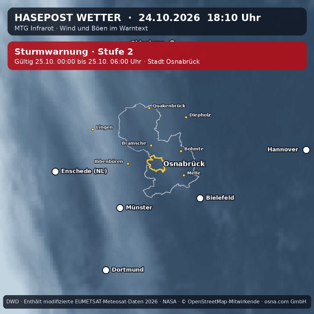 Wetterentwicklung für Osnabrück: 24.10.2026 16:10 bis 24.10.2026 18:10 Uhr