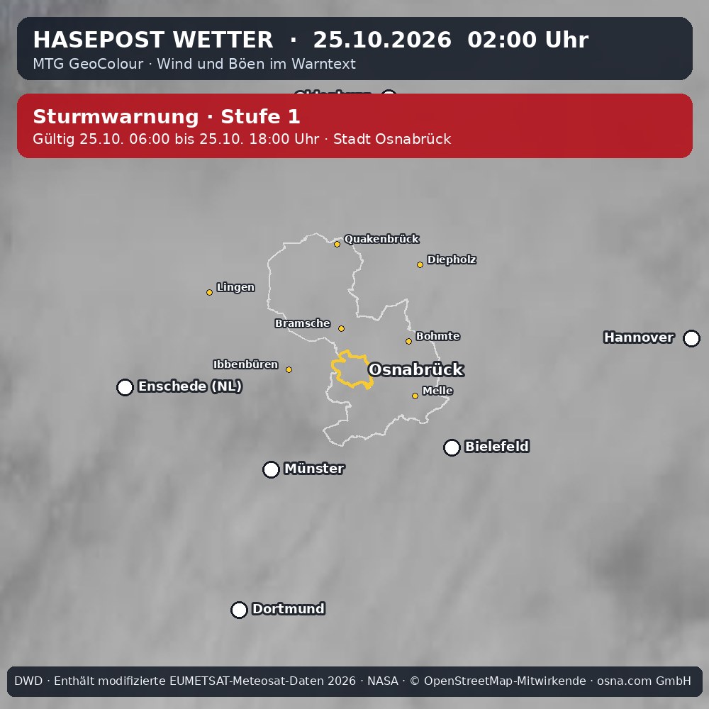 Wetterentwicklung für Osnabrück: 25.10.2026 01:00 bis 25.10.2026 02:00 Uhr
