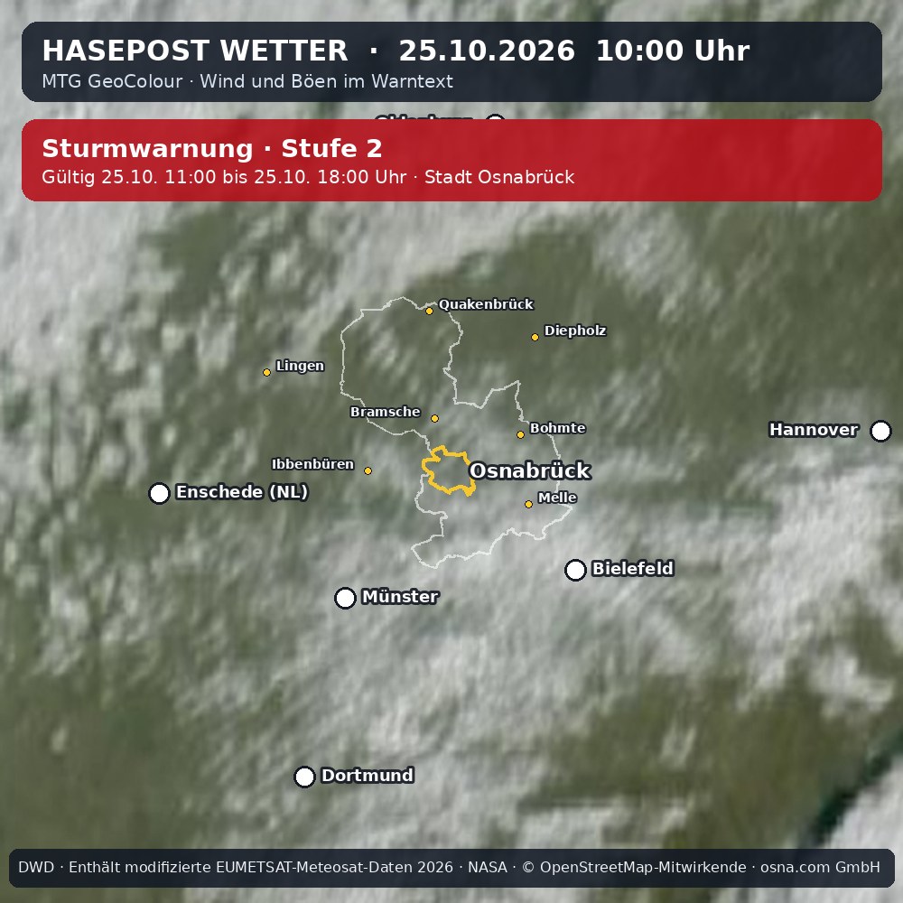 Wetterentwicklung für Osnabrück: 25.10.2026 08:00 bis 25.10.2026 10:00 Uhr