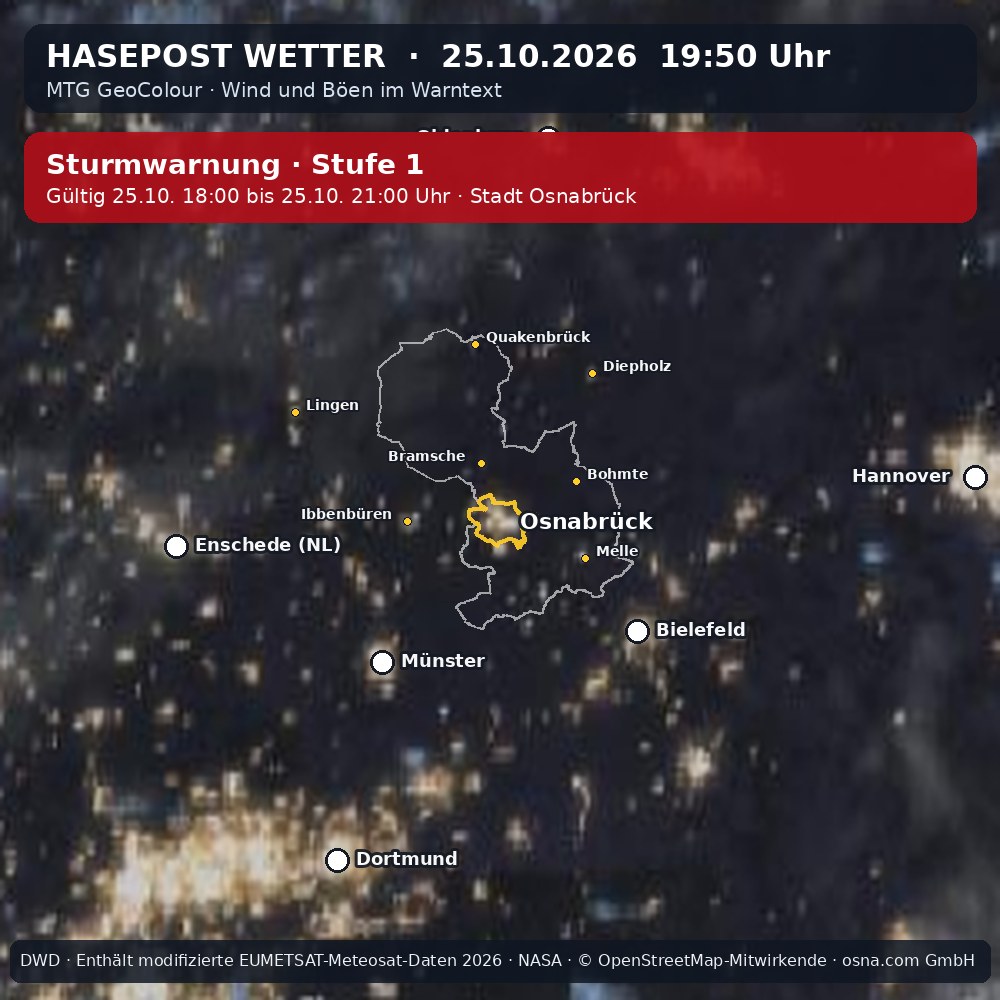 Wetterentwicklung für Osnabrück: 25.10.2026 17:50 bis 25.10.2026 19:50 Uhr
