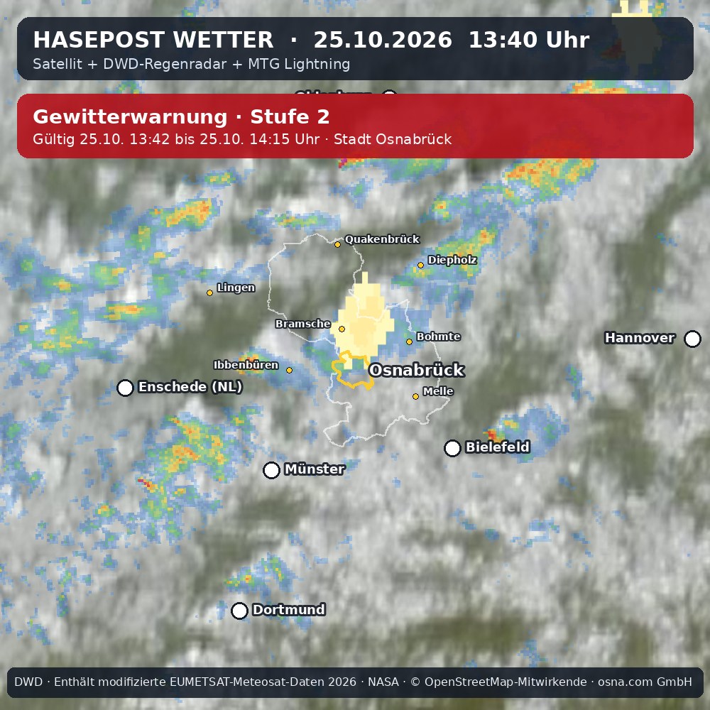Wetterentwicklung für Osnabrück: 25.10.2026 11:40 bis 25.10.2026 13:40 Uhr