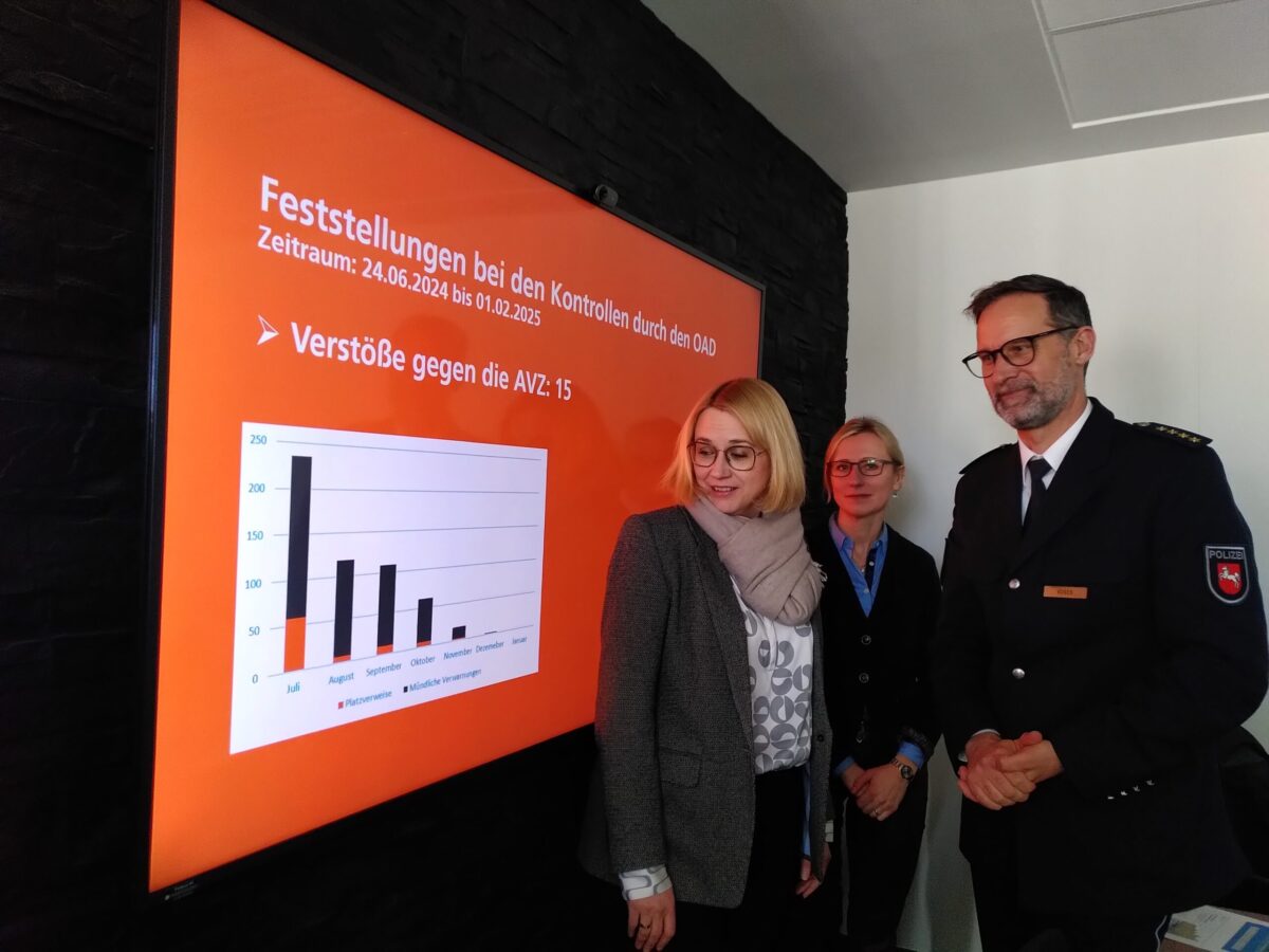 Oberbürgermeisterin Katharina Pötter (links), Leiterin des Zentralen Kriminaldienstes der Polizeiinspektion Osnabrück Natalia de Vries (hinten) und Inspektionsleiter Oliver Voges (rechts) bei der Vorstellung der Bilanz zum Zehn-Punkte-Plan für mehr Sicherheit in der Innenstadt.