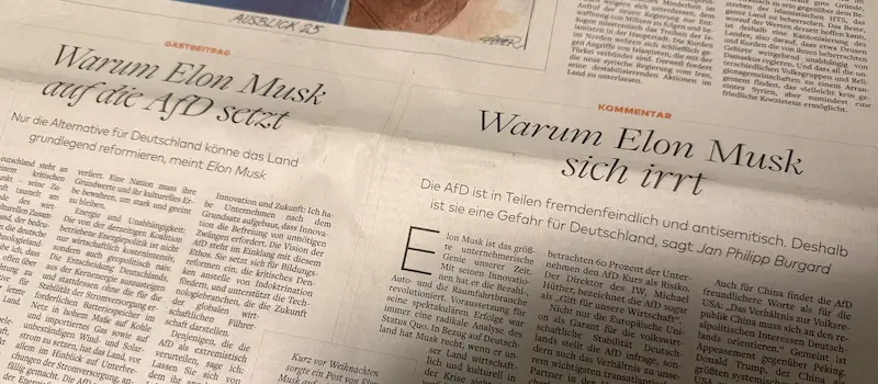 Der Meinungsbeitrag von Elon Musk wurde nicht ohne direkten Widerspruch abgedruckt.