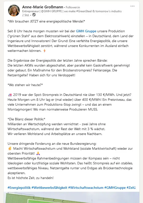 Statement von GMH-Chefin vom 20.01.2025 / Screenshot: Linkedin