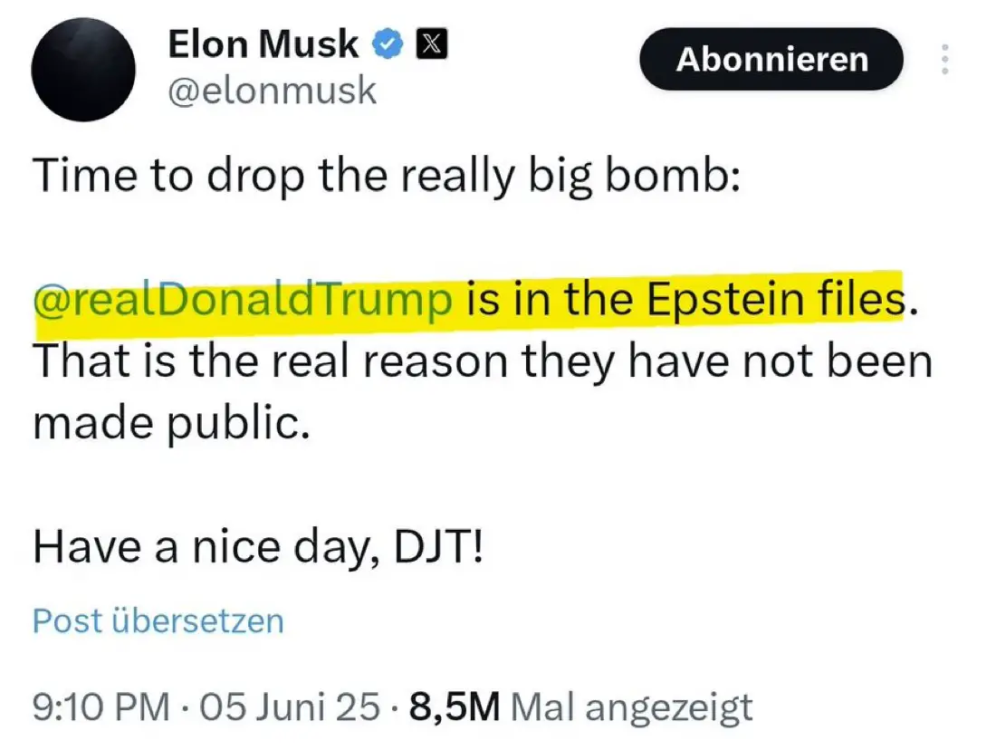 Musk erhebt schwere Vorwürfe: Ist Donald Trump ein Teil der Epstein-Files? Tweet von Elon Musk zu Trump x Epstein