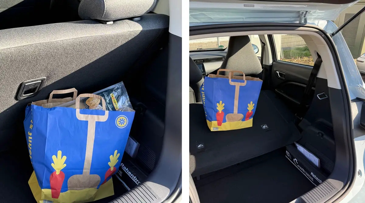 HASEPOST-Autotest: Leapmotor T03 – kompakter Elektroflitzer 'Made in Europe' Genügend Stauraum für den Einkauf im Kofferraum des T03, (links) richtig Platz bei umgelegter Rückbank (rechts)