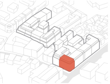 Diese Skizze zeigt, wie groß das Projekt ist, rot dargestellt das "Kachelhaus" / Entwurf SKAI Architekten, Quelle: RIS Stadt Osnabrück