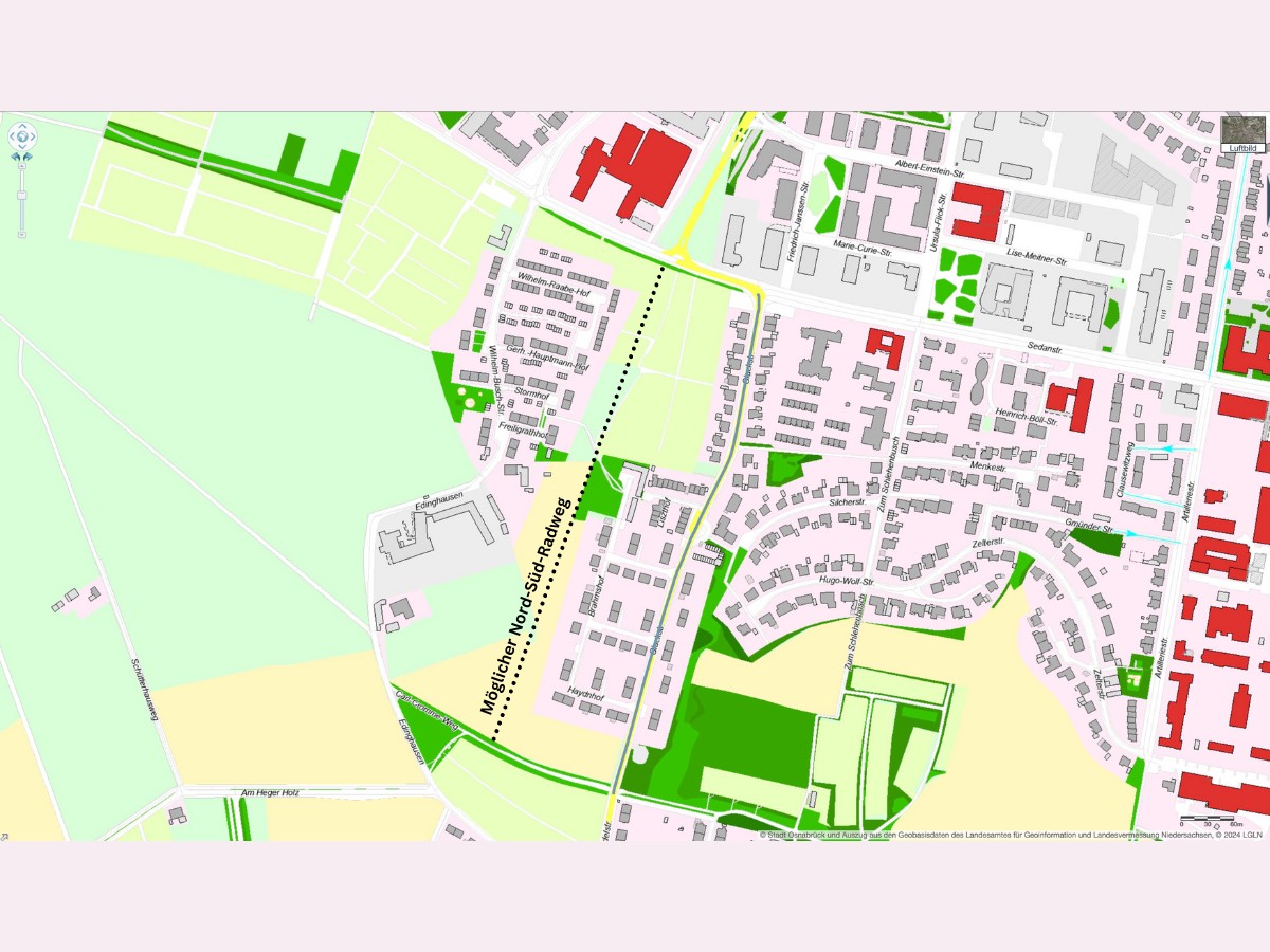 Die gepunktete Linie zeigt den Verlauf des Güntkebachs, wo ein Radweg entstehen könnte. / Karte: Stadt Osnabrück