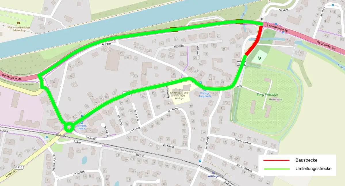 Diese Straßen sind ab 10. März im Landkreis Osnabrück gesperrt Die K410 (Burgstraße) ist abschnittsweise gesperrt (rot). Es existiert eine ausgeschilderte Umleitung (grün).