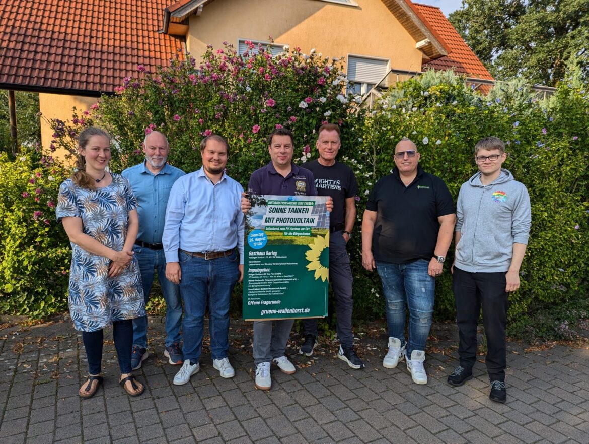 Freuen sich auf den Infoabend am 20. August (vlnr): Klara Essomba, Rüdiger Schulz (beide Grüne Wallenhorst), Sven Liekam (Liekam Haustechnik), Alexander Strehl (Grüne Wallenhorst), Heiner Gerbracht (Solarenergieverein Osnabrück), Holger Robbers (Ace Flex) und Yannik Kolmer (Grüne Wallenhorst)