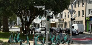 Rund 25 Dott-Scooter versperren den Gehweg. / Foto: Privat