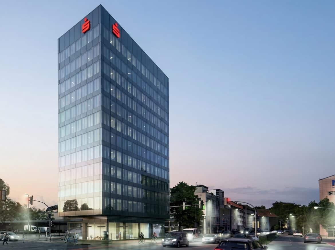 Das Hochhaus der Sparkasse Osnabrück, wie es 2027 aussehen soll / Entwurf: pbr