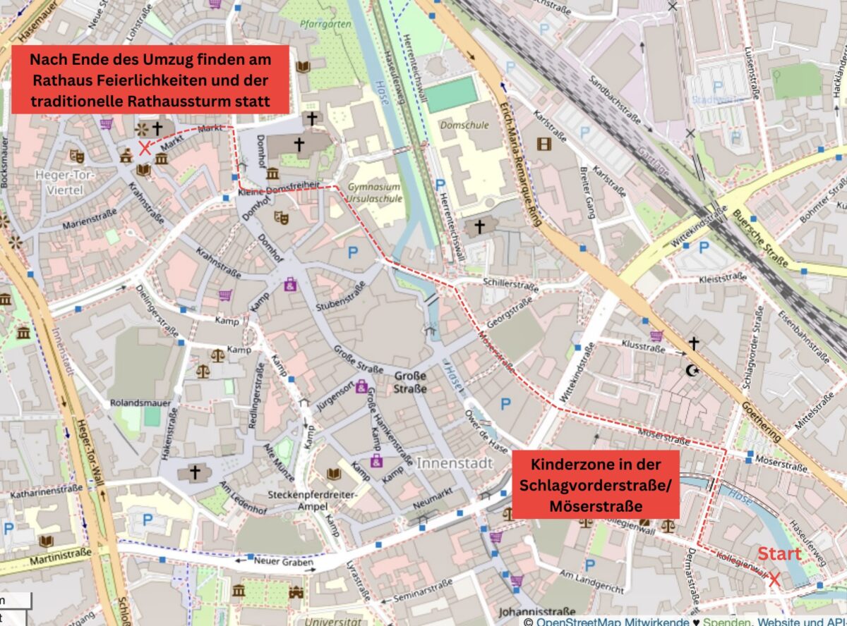 Route des Ostersamstag-Zugs durch die Ossenbrücker Innenstadt 2025.