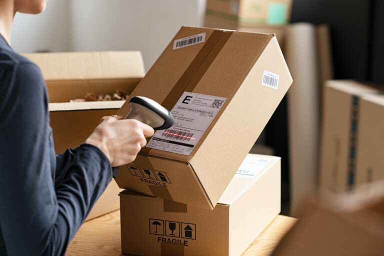 Paketbote scannt Barcode