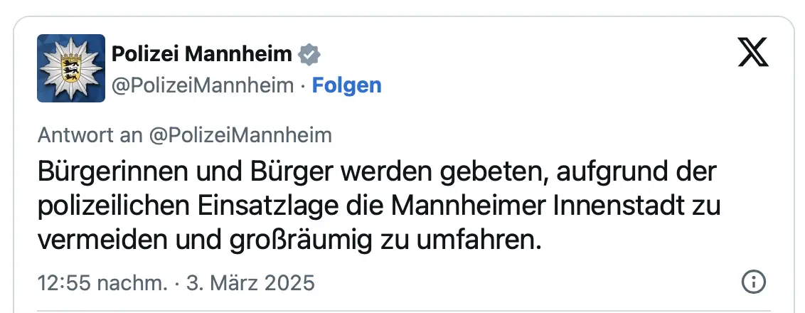 Großer Polizei-Einsatz in Mannheim: Auto rast in Menschenmenge Polizei Mannheim auf X