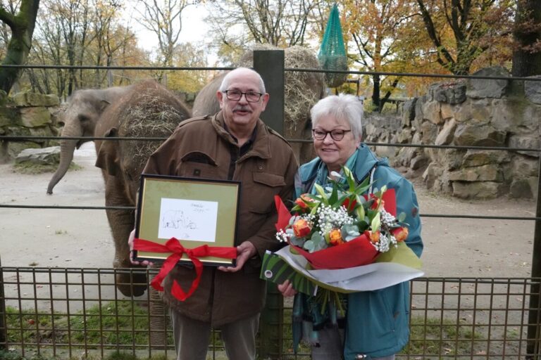 Das Ehepaar Uwe und Petra Abt hat das Bild von Otto Waalkes in der stillen Auktion des Zoo Osnabrück ersteigert. / Foto: Lara Holzkamp
